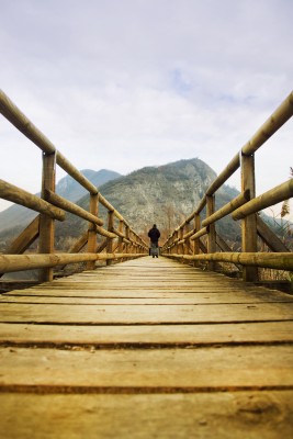 person walking on wooden bridge