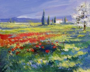 beautiful oil painting of a meadow blooming with poppies