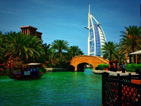 water way with gondola style boat in Dubai