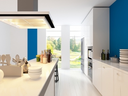 kitchen with brillant blue accent walls