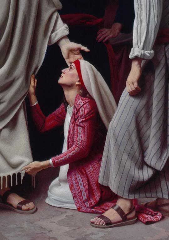 woman with blood issue touching Jesus' robe