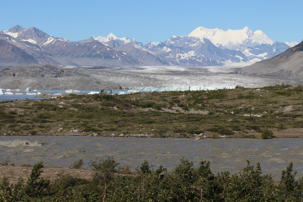 Lowell Glacier with the Alsek River in the foreground and Mount Hubbard in the background.